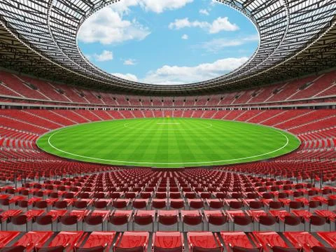 3D render of a round cricket stadium with red seats and VIP boxes Illustrazione stock