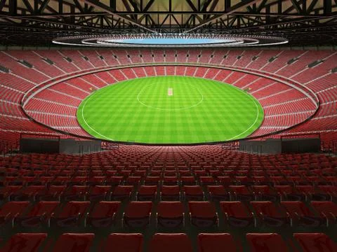 3D render of a round cricket stadium with red seats and VIP boxes Stock Illustration