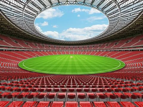 3D render of a round cricket stadium with red seats and VIP boxes Stock Illustration