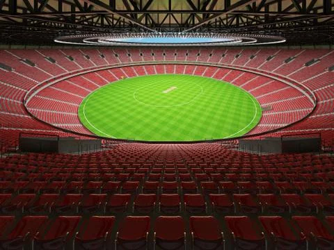 3D render of a round cricket stadium with red seats and VIP boxes Stock Illustration