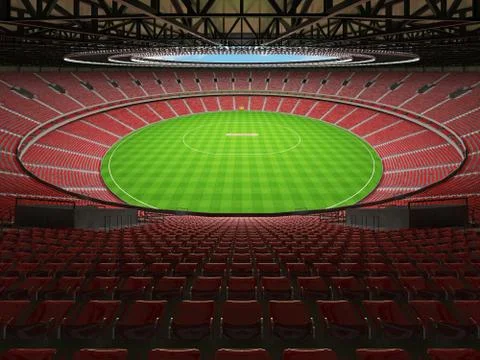 3D render of a round cricket stadium with red seats and VIP boxes Illustrazione stock