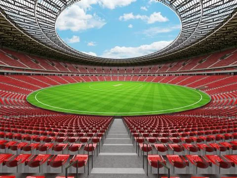 3D render of a round cricket stadium with red seats and VIP boxes Illustrazione stock