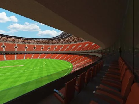 3D render of a round cricket stadium with orange seats and VIP boxes Stock Illustration