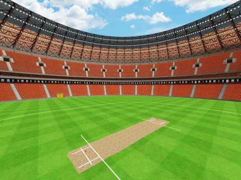 3D render of a round cricket stadium with orange seats and VIP boxes Stock Illustration