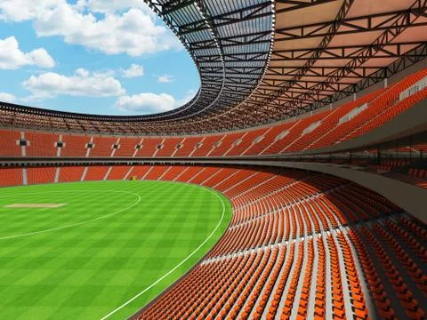 3D render of a round cricket stadium with orange seats and VIP boxes Stock Illustration
