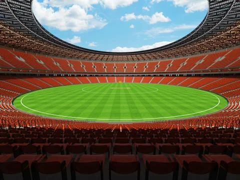 3D render of a round cricket stadium with orange seats and VIP boxes Stock Illustration