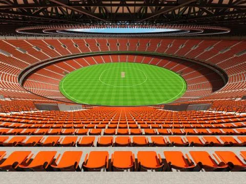 3D render of a round cricket stadium with orange seats and VIP boxes Stock Illustration