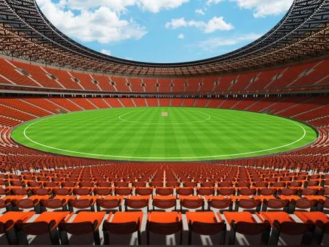 3D render of a round cricket stadium with orange seats and VIP boxes Illustrazione stock