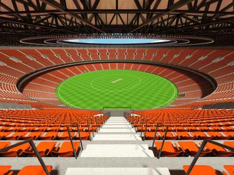 3D render of a round cricket stadium with orange seats and VIP boxes Stock Illustration