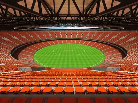 3D render of a round cricket stadium with orange seats and VIP boxes Stock Illustration
