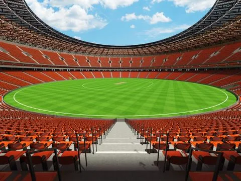 3D render of a round cricket stadium with orange seats and VIP boxes Stock-Illustration