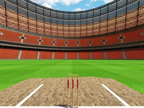 3D render of a round cricket stadium with orange seats and VIP boxes Illustrazione stock