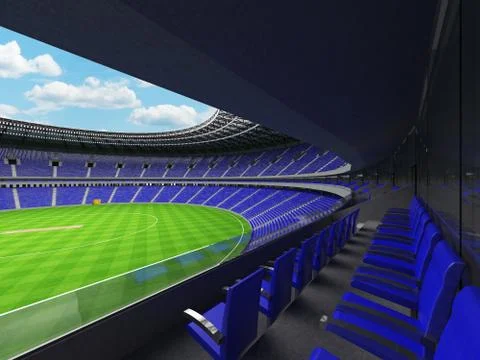 3D render of a round cricket stadium with blue seats and VIP boxes Stock Illustration