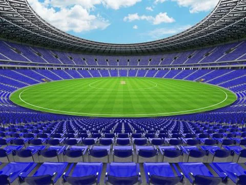 3D render of a round cricket stadium with blue seats and VIP boxes Stock Illustration