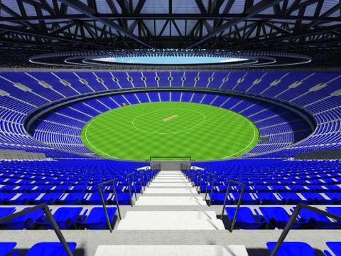 3D render of a round cricket stadium with blue seats and VIP boxes Stock-Illustration