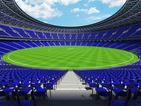 3D render of a round cricket stadium with blue seats and VIP boxes Stock Illustration