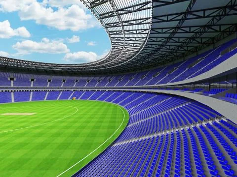 3D render of a round cricket stadium with blue seats and VIP boxes Stock Illustration