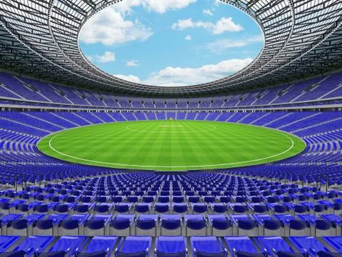 3D render of a round cricket stadium with blue seats and VIP boxes Illustrazione stock