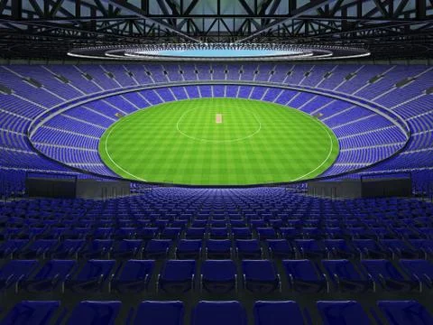 3D render of a round cricket stadium with blue seats and VIP boxes Illustrazione stock