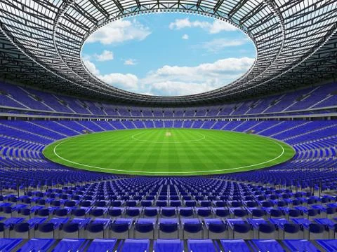 3D render of a round cricket stadium with blue seats and VIP boxes Stock Illustration