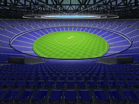 3D render of a round cricket stadium with blue seats and VIP boxes Stock Illustration
