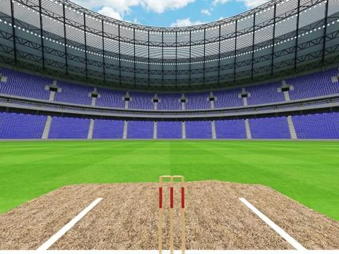 3D render of a round cricket stadium with blue seats and VIP boxes Stock Illustration