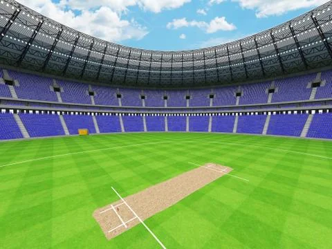 3D render of a round cricket stadium with blue seats and VIP boxes Stock Illustration