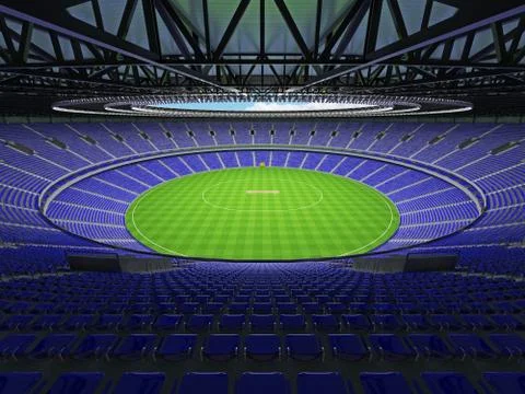 3D render of a round cricket stadium with blue seats and VIP boxes Stock Illustration