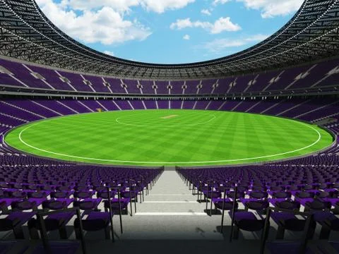 3D render of a round cricket stadium with purple  seats and VIP boxes Stock Illustration