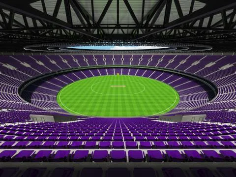 3D render of a round cricket stadium with purple  seats and VIP boxes Stock Illustration