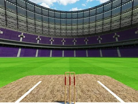 3D render of a round cricket stadium with purple  seats and VIP boxes Stock Illustration