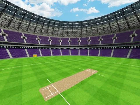 3D render of a round cricket stadium with purple  seats and VIP boxes Stock Illustration