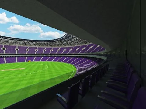 3D render of a round cricket stadium with purple  seats and VIP boxes Stock Illustration
