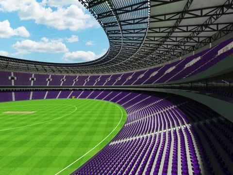 3D render of a round cricket stadium with purple  seats and VIP boxes Stock Illustration