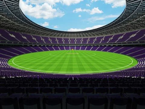 3D render of a round cricket stadium with purple  seats and VIP boxes Stock Illustration