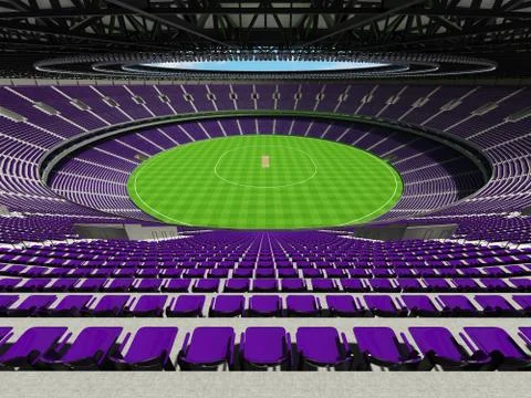 3D render of a round cricket stadium with purple  seats and VIP boxes Stock Illustration