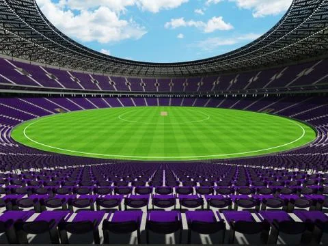 3D render of a round cricket stadium with purple  seats and VIP boxes Stock Illustration