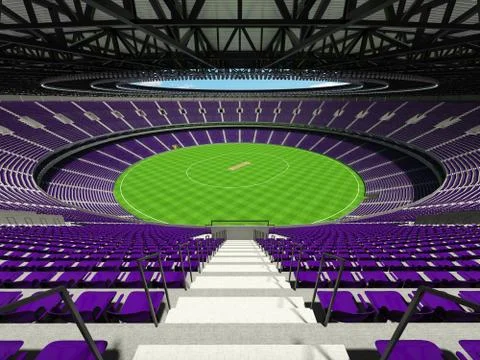 3D render of a round cricket stadium with purple  seats and VIP boxes Stock Illustration
