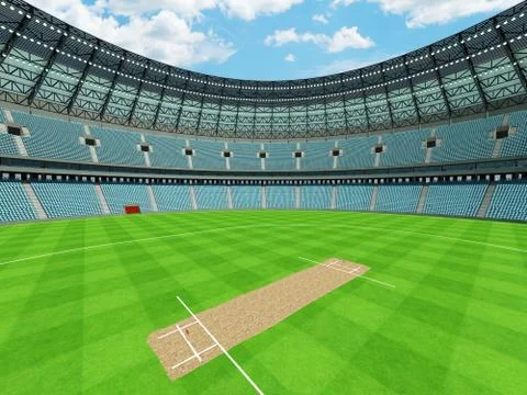 3D render of a round cricket stadium with sky blue  seats and VIP boxes Illustrazione stock