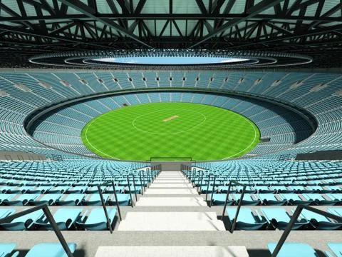3D render of a round cricket stadium with sky blue  seats and VIP boxes Stock Illustration