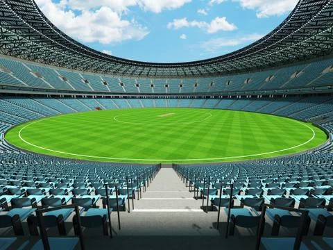 3D render of a round cricket stadium with sky blue  seats and VIP boxes Stock Illustration