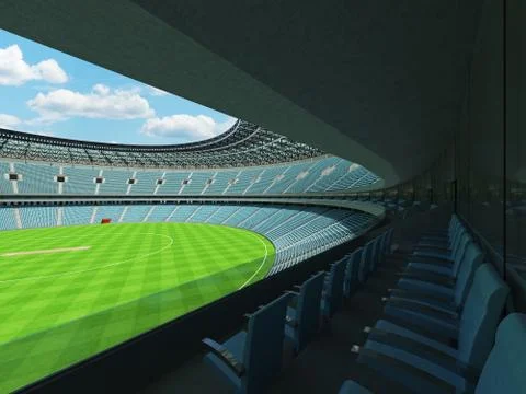 3D render of a round cricket stadium with sky blue  seats and VIP boxes Stock Illustration