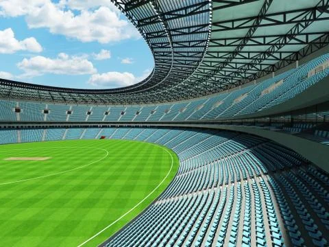 3D render of a round cricket stadium with sky blue  seats and VIP boxes Stock Illustration