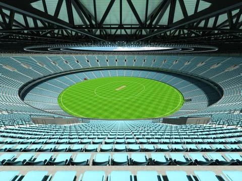 3D render of a round cricket stadium with sky blue  seats and VIP boxes Illustrazione stock