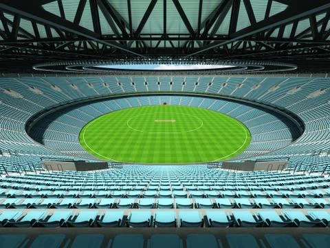 3D render of a round cricket stadium with sky blue  seats and VIP boxes Stock Illustration