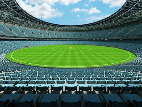 3D render of a round cricket stadium with sky blue  seats and VIP boxes Stock Illustration