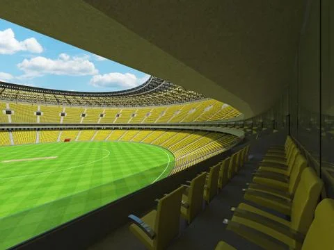 3D render of a round cricket stadium with bright yellow  seats and VIP boxes Stock Illustration