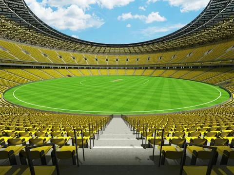 3D render of a round cricket stadium with bright yellow  seats and VIP boxes Stock Illustration