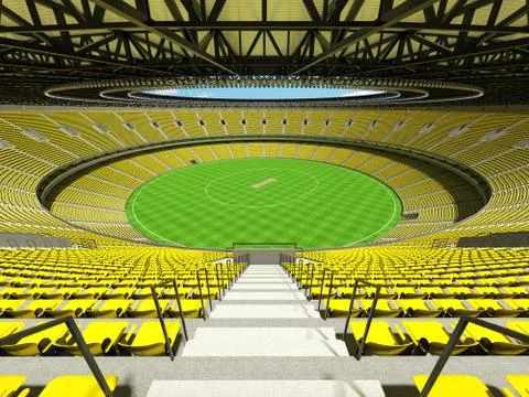 3D render of a round cricket stadium with bright yellow  seats and VIP boxes Stock Illustration