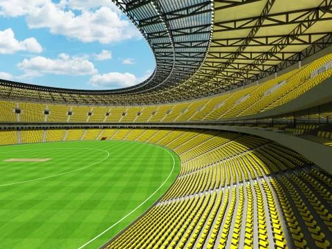 3D render of a round cricket stadium with bright yellow  seats and VIP boxes Stock Illustration